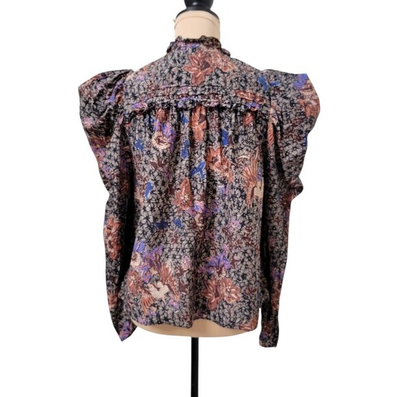 Ulla Johnson Size 0* Remy Puff Sleeve Blouse Tie Front Black Tan Sunburst - Picture 7 of 13